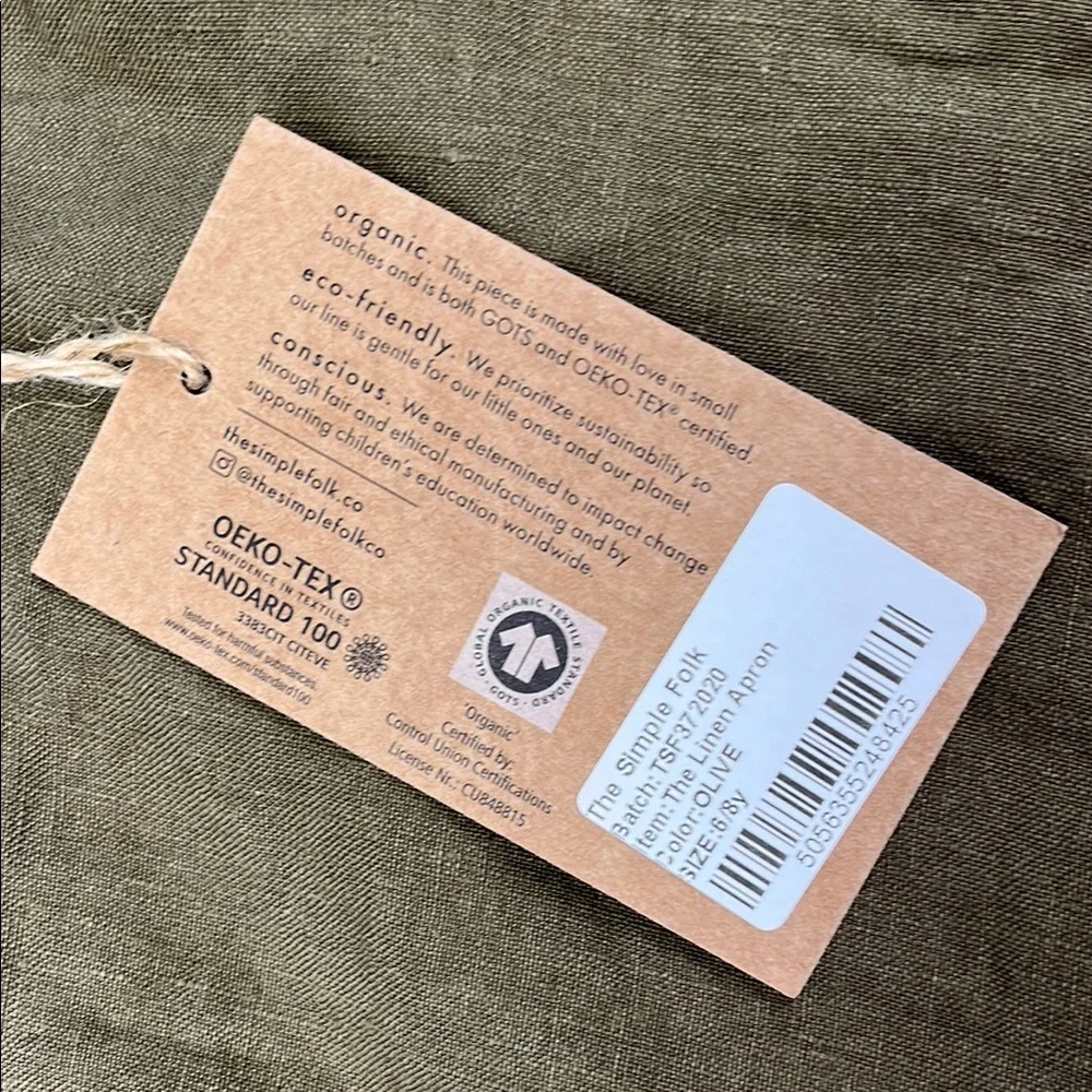 NEW The‎ Simple Folk 6-8 Years 100% Organic Linen Olive Cross-Back Apron